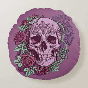 Coussins Ronds Crâne de lavande avec motif gothique de roses