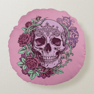 Coussins Ronds Crâne de Lavande avec Motif Gothique de Roses