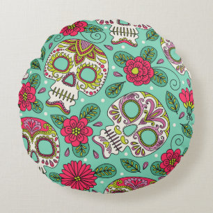 Coussins Ronds Crâne et fleurs mexicaines, sans soudure.