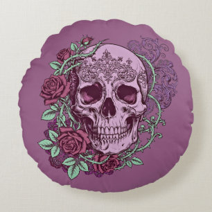 Coussins Ronds Crâne lavande avec motif gothique de roses