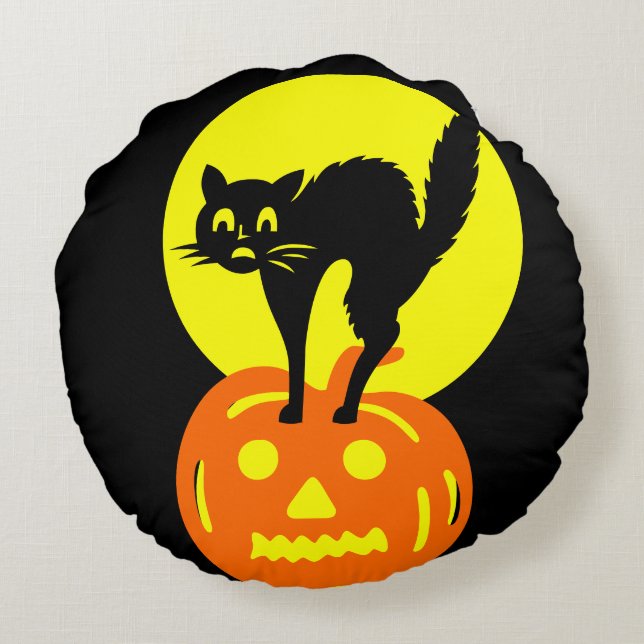 Coussins Ronds Crâne noir et jaune Citrouille Chat Halloween (Dos)