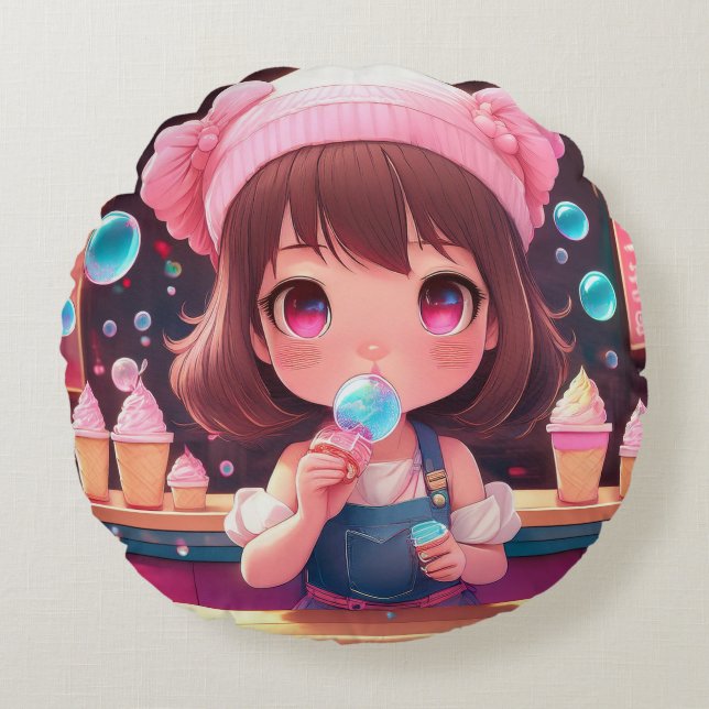 Coussins Ronds Crème de caractère Chibi (Devant)
