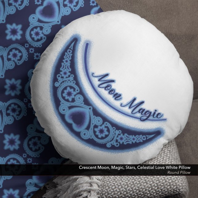 Coussins Ronds Crescent Moon Magic Stars Céleste Blanc (Crescent Moon Magic Stars Celestial Love White Round Pillow)