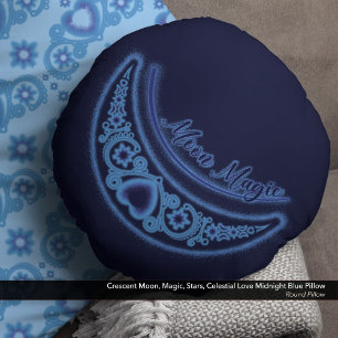 Coussins Ronds Crescent Moon Magic Stars Celestial Midnight Blue