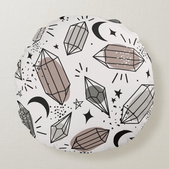 Coussins Ronds Cristaux, Lune, Étoiles, Design Chevauché. (Devant)