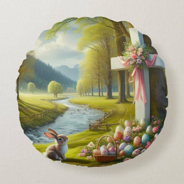 Coussins Ronds Croix de Pâques avec lapin et oeufs (Devant)