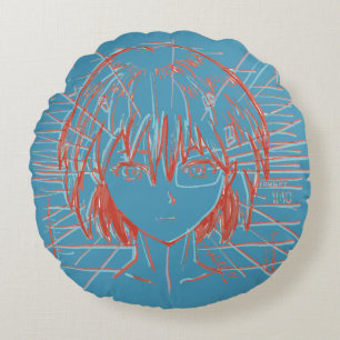 Coussins Ronds Croquis de fille d'anime et motif de grille cybern