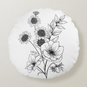 Coussins Ronds Croquis de fleurs 