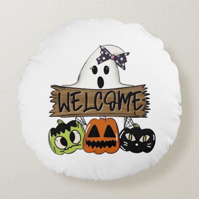 Coussins Ronds Custom Halloween Welcome Sign Round Pillow (Devant)