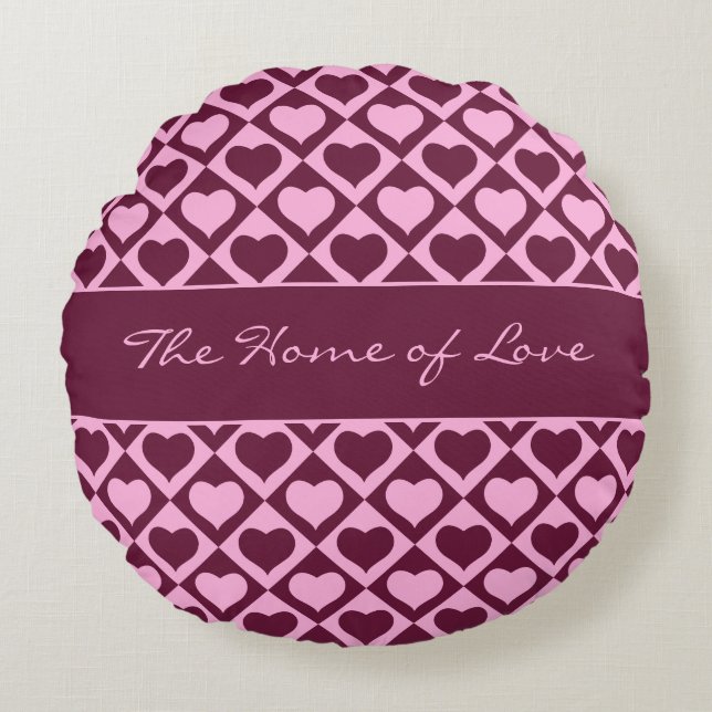 Coussins Ronds Custom Heart Checkerboard Pattern Bordeaux Pink -  (Devant)