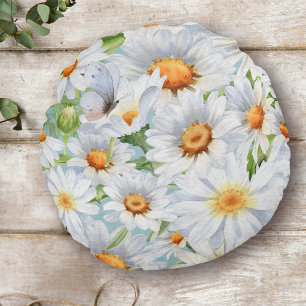 Coussins Ronds Cute Blanc Floral Vintage Aquarelle marguerite