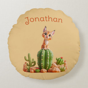 Coussins Ronds Cute Bobcat sur cactus