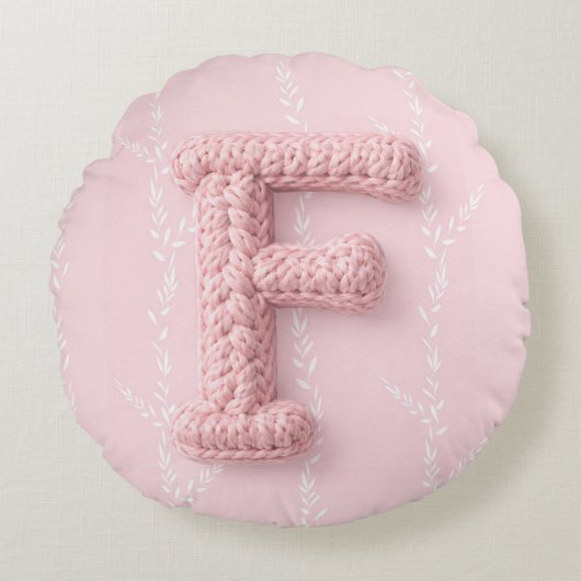 Coussins Ronds Cute boho pink crocheted letter F Round Pillow (Devant)