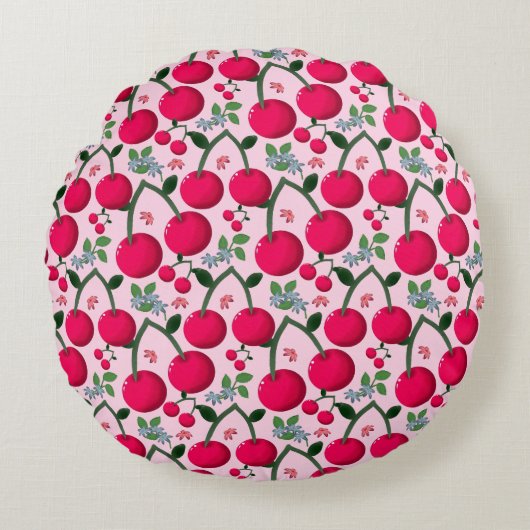 Coussins Ronds Cute Cherry  Pattern, Glossy Kawaii Fruit (Devant)