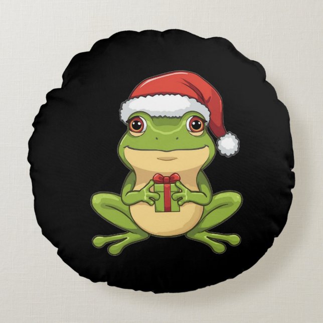 Coussins Ronds Cute Christmas Frog with Santa Hat Holding  Gift - (Devant)
