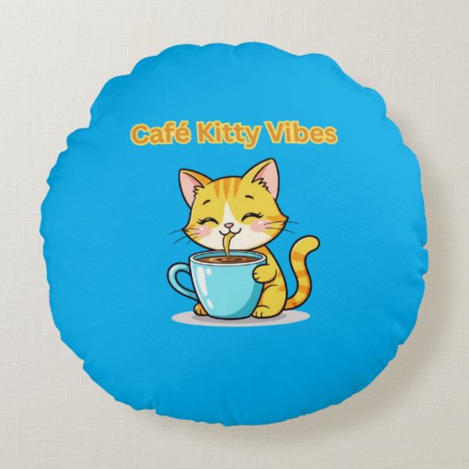 Coussins Ronds **Cute Coffee Cat – Adorable Cat Drinking Coffee I (Devant)