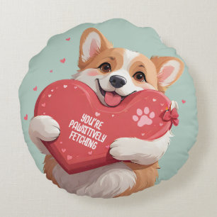 Coussins Ronds Cute Corgi Chien Pun Coeurs Monogramme Nom Valenti