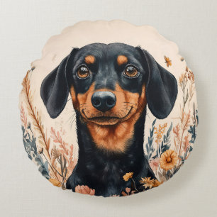 Coussins Ronds Cute Dachshund avec peinture Fleur sauvage