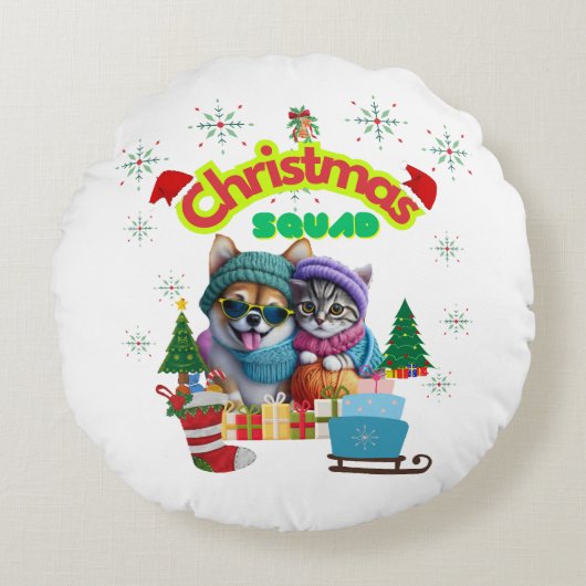 Coussins Ronds Cute dog and cat Christmas squad design  (Devant)