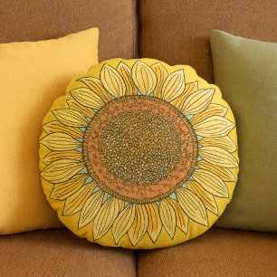 Coussins Ronds Cute Elegant Boho Farmhouse Yellow Sunflower Art