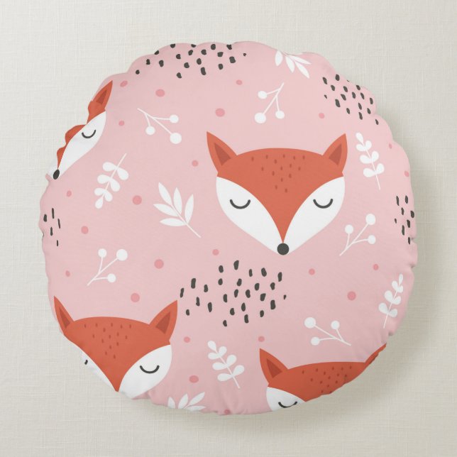 Coussins Ronds Cute fox seamless pattern, wolf hand drawn forest  (Devant)