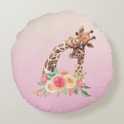 Coussins Ronds Cute Giraffe Aquarelle Maman & Bébé (Dos)