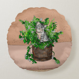 Coussins Ronds Cute Kitten en Catnip Antique Pot