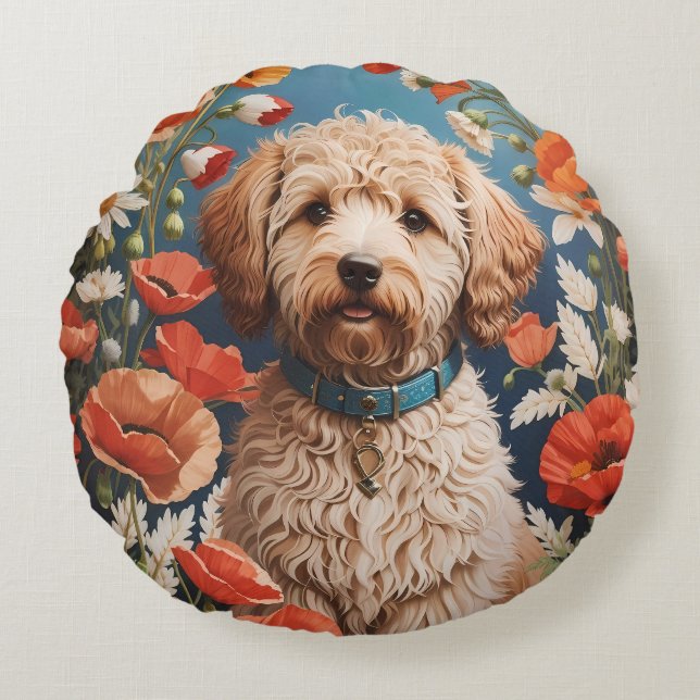 Coussins Ronds Cute Labradoodle Daisy Et Fleur De Pavot (Devant)
