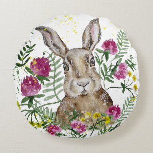 Coussins Ronds Cute lapin en fleurs d'aquarelle