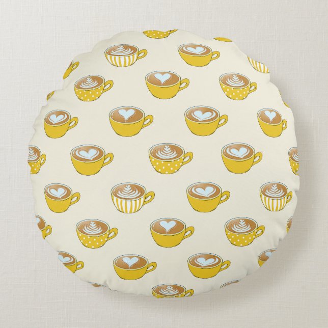 Coussins Ronds Cute Latte Art en Motif de tasses de café jaune (Devant)