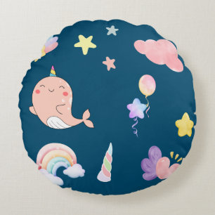 Coussins Ronds Cute Narwhal Fish Unicorn Rainbow Sea Anniversaire