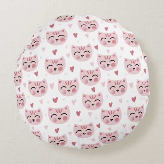 Coussins Ronds Cute Pink Kittens and Hearts Pattern for Kids (Devant)