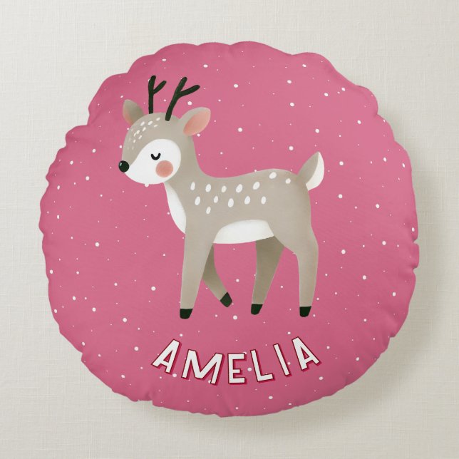 Coussins Ronds Cute Pink Reindeer Kid`s Name Christmas (Devant)