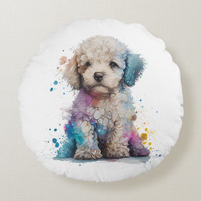 Coussins Ronds Cute Poodé Chiot Aquarelle Art (Devant)