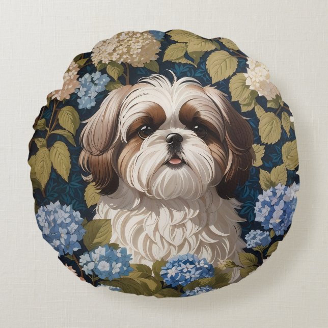 Coussins Ronds Cute Shih Tzu Chiot Blue hydrangea fleurs (Devant)