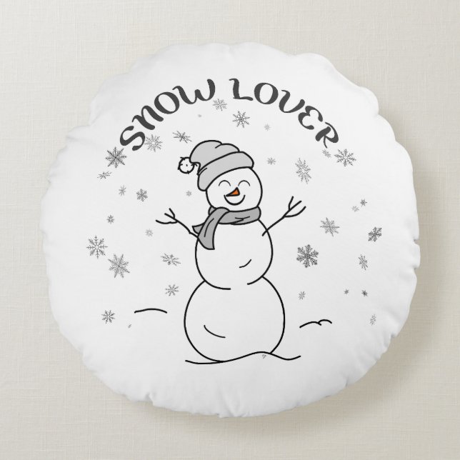 Coussins Ronds Cute Snowman SNOW LOVER Text Snowflakes Fun White  (Devant)