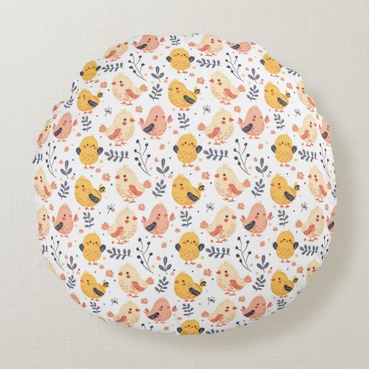 Coussins Ronds Cute Spring Chicks et modèle floral (Devant)