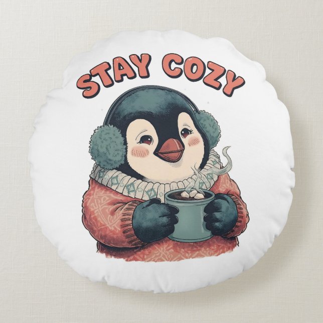 Coussins Ronds Cute Stay Cozy Penguin Drinking Hot Cocoa Hat (Devant)
