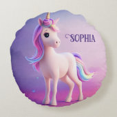 Coussins Ronds Cute Unicorne Blanche Avec Rose & Bleu Mane (Dos)