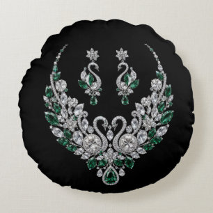 Coussins Ronds Cygnes de cristal d'émeraude   Bijoux de luxe