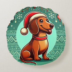 Coussins Ronds Dachshund de fête portant un chapeau de Père Noël