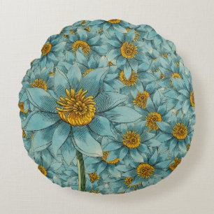 Coussins Ronds Dahlia Bleu Vintage - Décor Floral Botanique