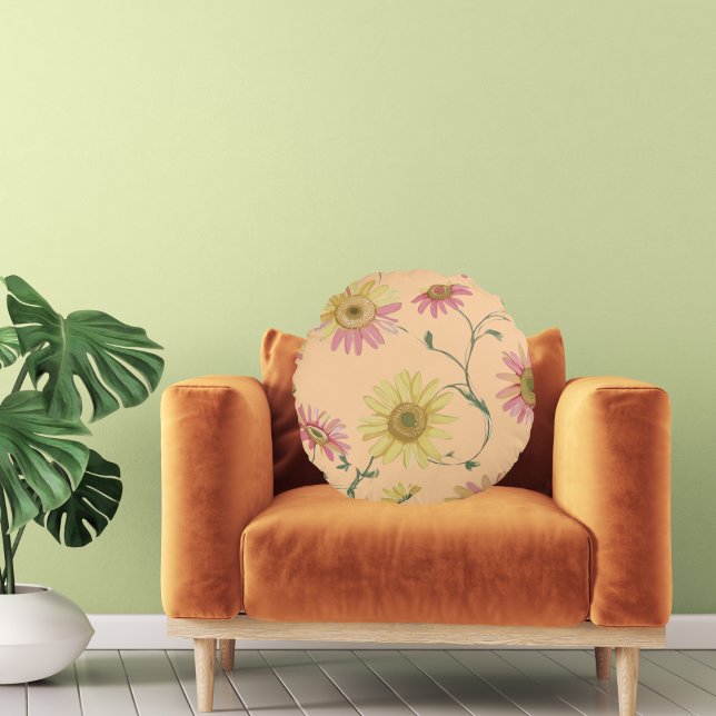 Coussins Ronds Daisy Fleur sauvage Rose & Jaune Motif sur (Créateur téléchargé)
