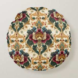 Coussins Ronds Damassé floral victorien orné en sarcelle et borde