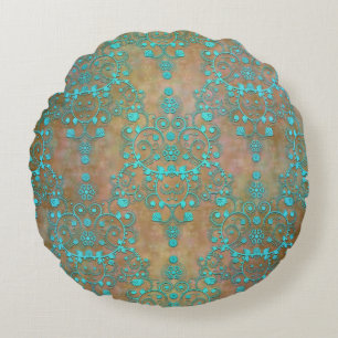 Coussins Ronds Damassé rustique vintage turquoise et marron