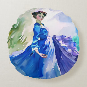 Coussins Ronds Dame en Robe Bleue - Peinture aquarelle