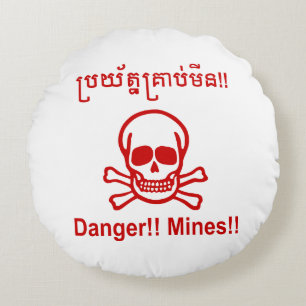 Coussins Ronds Danger ! ! Les mines ! ! SYMBOLE ☠ Cambodgien Khme