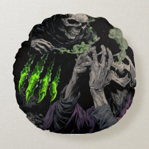 Coussins Ronds Dark Fantasy Reaper Squelettique & Énergie Vert Ac
