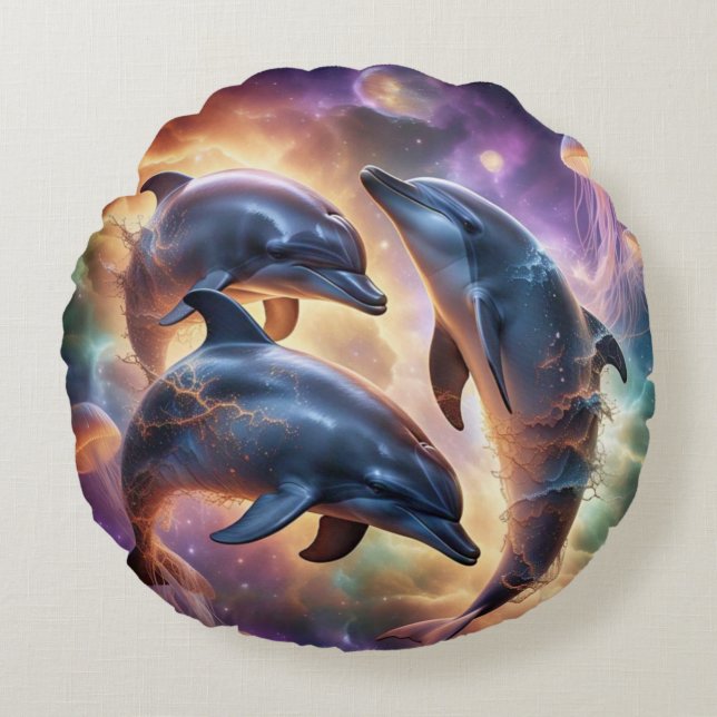 Coussins Ronds Dauphins et méduses cosmiques dans l'espace (Devant)