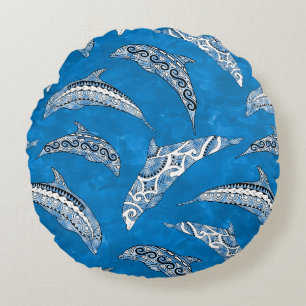 Coussins Ronds Dauphins tribaux de l'océan bleu hawaïen